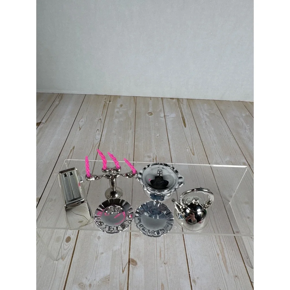 Vintage Miniature Chrome Dollhouse Kitchen Set Toaster Kettle Candelabra 6pc